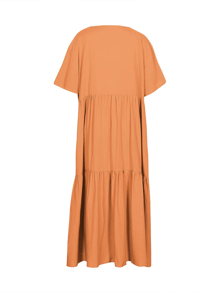 Plus Size 2025 Summer New V-neck Short Sleeve Pleated Solid Color Loose Casual Midi Dress Basic Hem Pleated