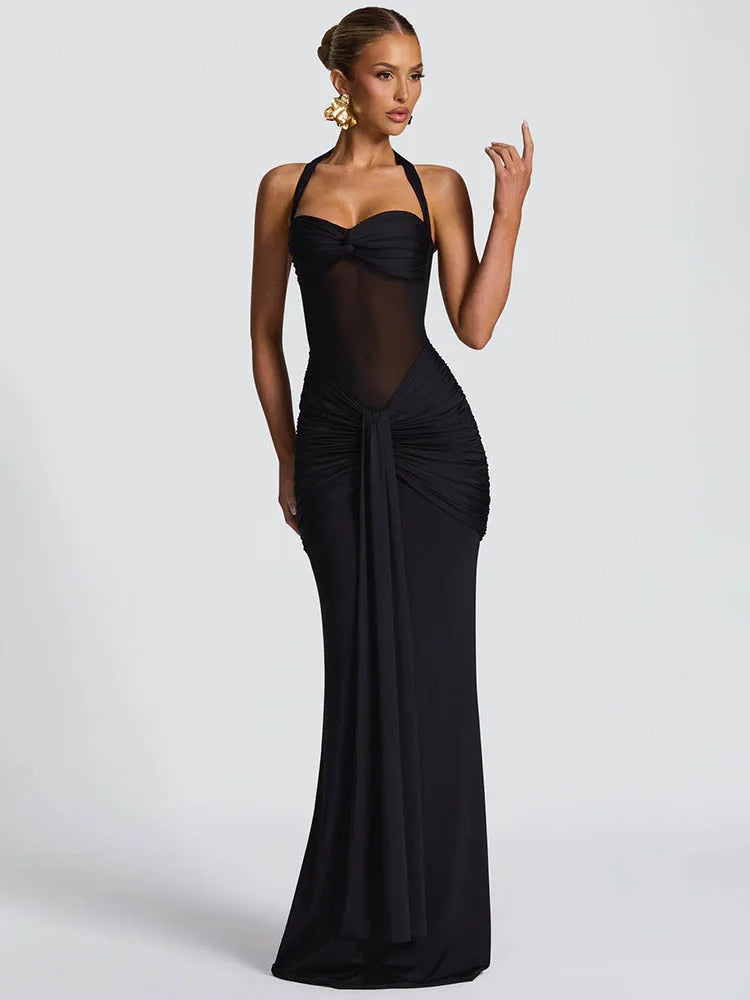 Mozision Halter Backless Sexy Maxi Dress Women Fashion Patchwork Off-shoulder Sleeveless Ruched Draped Bodycon Club Party Dress