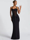 Mozision Halter Backless Sexy Maxi Dress Women Fashion Patchwork Off-shoulder Sleeveless Ruched Draped Bodycon Club Party Dress