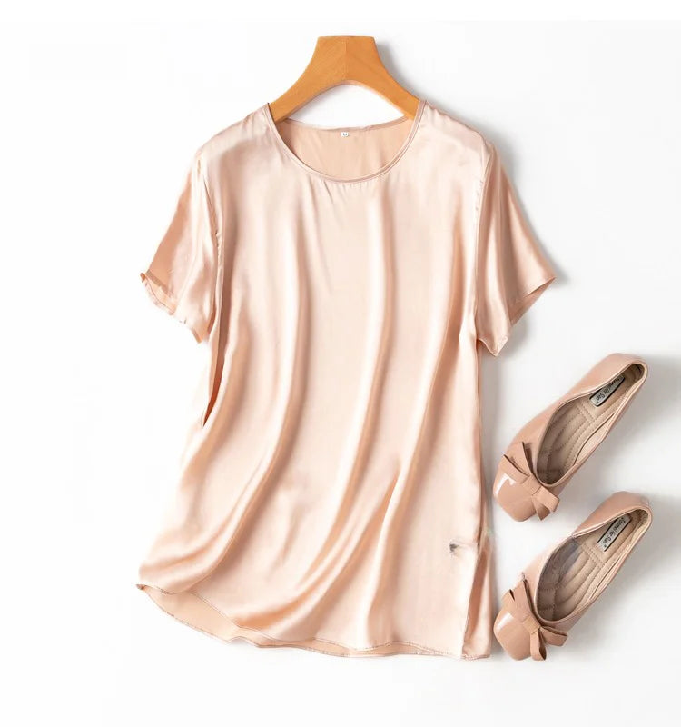 100% Mulberry Silk 19 Momme Charmeuse Silk Women Tank Top T-shirt Short Sleeve Shirt Blouse Solid Colors Summer M L XL AA4270