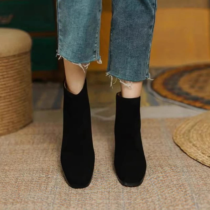 Faux Suede Boots – Round Toe Low Heel Back Zip Flannel Lined