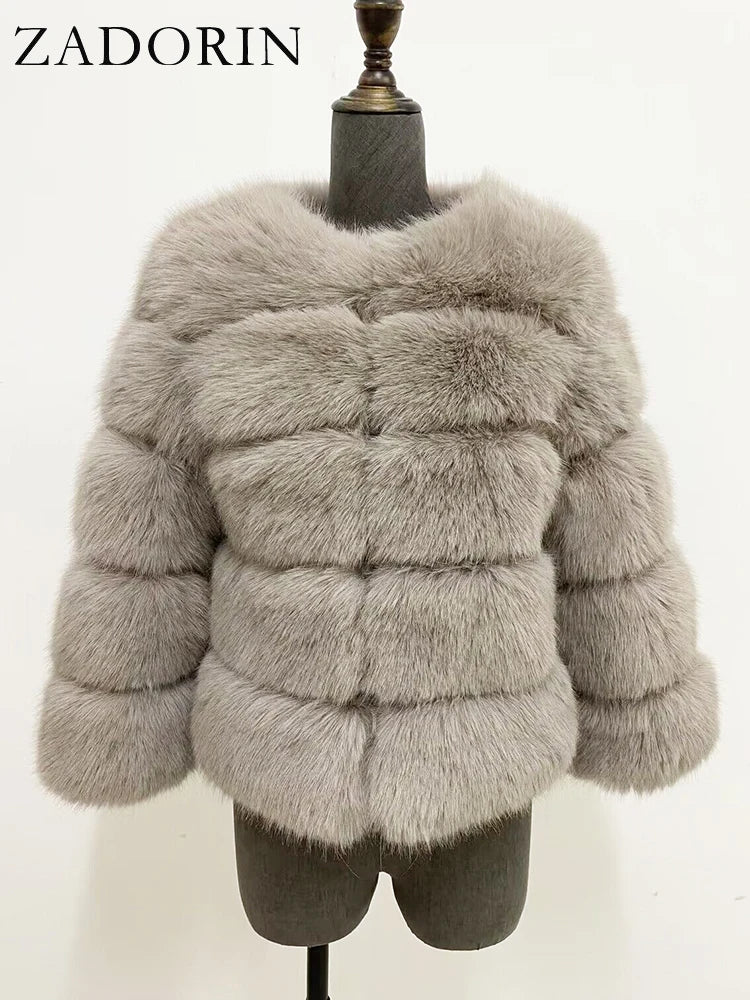 Women's Faux-Fur Jacket - Three-Quarter Sleeves - Plush Poise