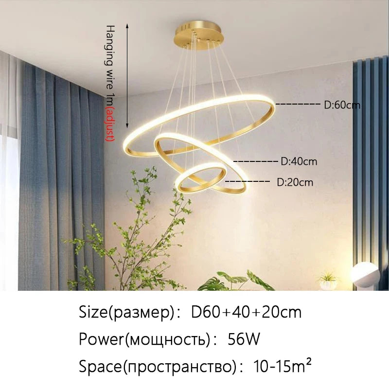 Triple Ring LED Pendant Light – Black/Gold, 60-40-20cm, 3-Color