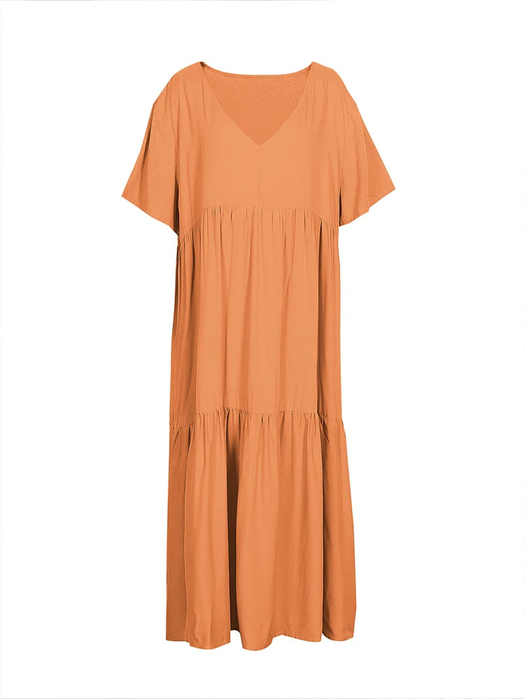 Plus Size 2025 Summer New V-neck Short Sleeve Pleated Solid Color Loose Casual Midi Dress Basic Hem Pleated