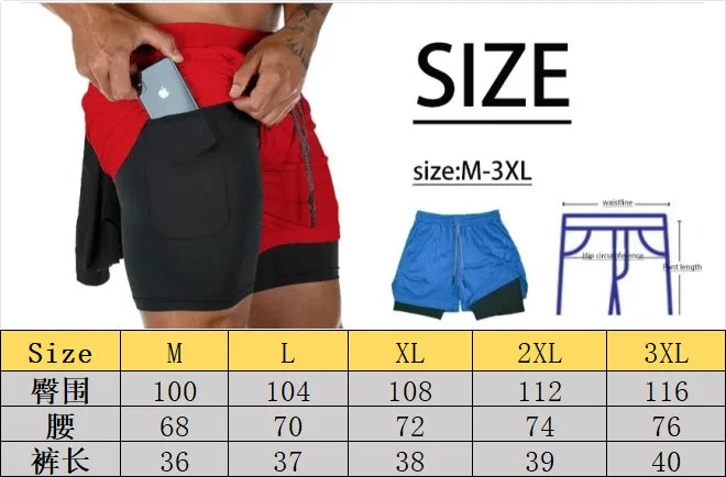 Men Running Shorts 2 in 1 Double-deck Sport Shorts Sportswear Gym Fitness Short Pants Training Jogging Bottom Men's Clothing