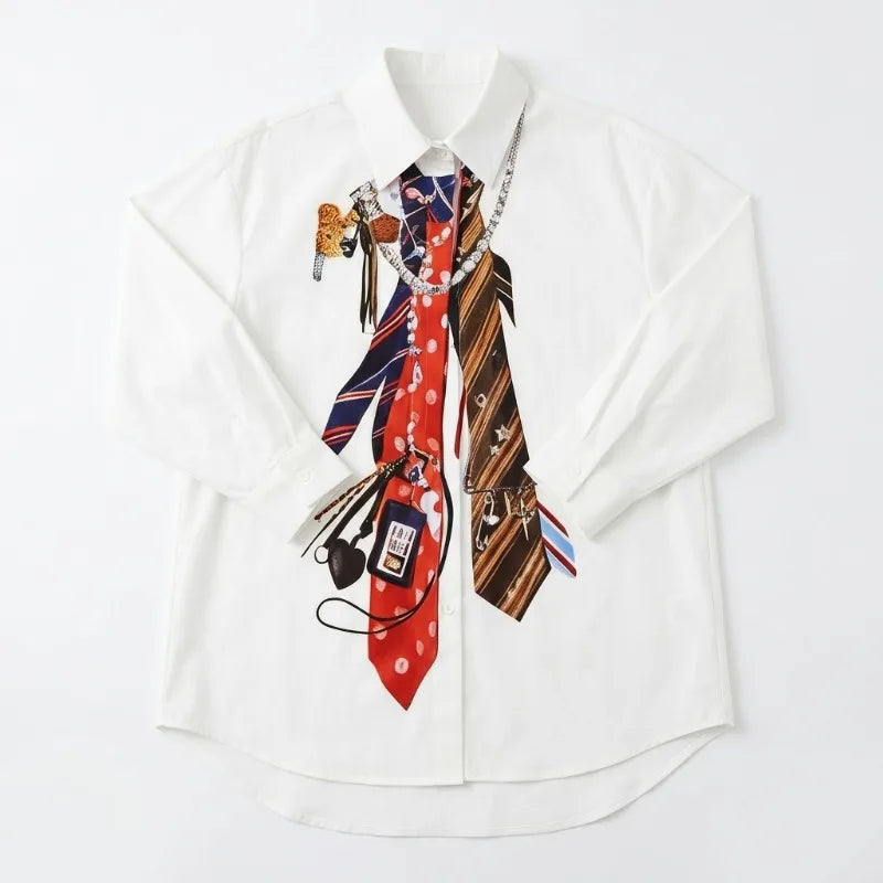 Yeezzi 2026 New Trendy Tie Printed White Shirts For Women Puff Sleeves Loose Buttoned Asymmetric Hem Streetwear Blouses