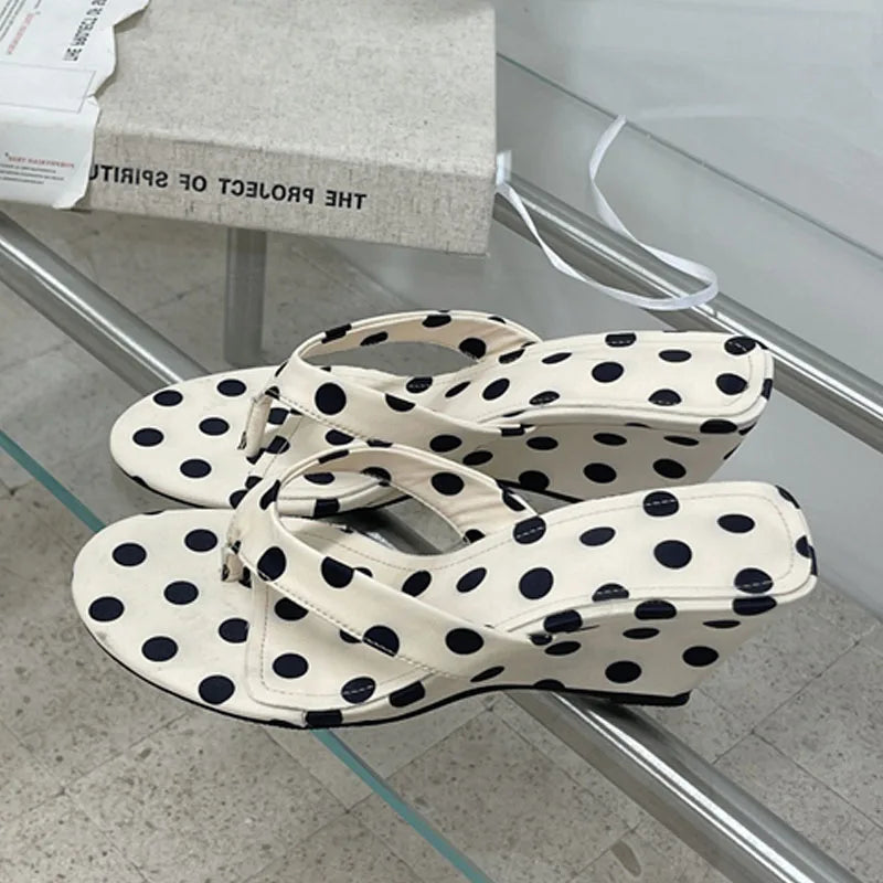 Eilyken Designer Polka Dot Wedges High Heels Women Slippers 2026 Summer Shallow Clip Toe Flip-Flops Ladies Shoes