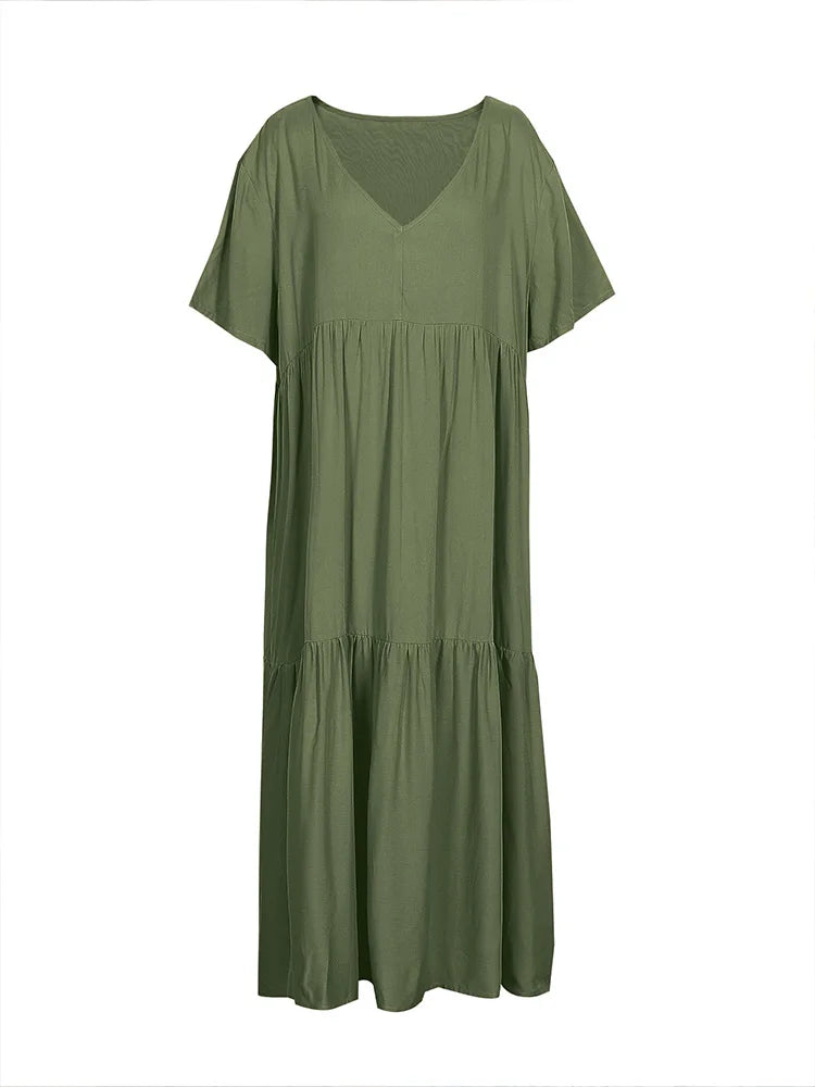 Plus Size 2025 Summer New V-neck Short Sleeve Pleated Solid Color Loose Casual Midi Dress Basic Hem Pleated