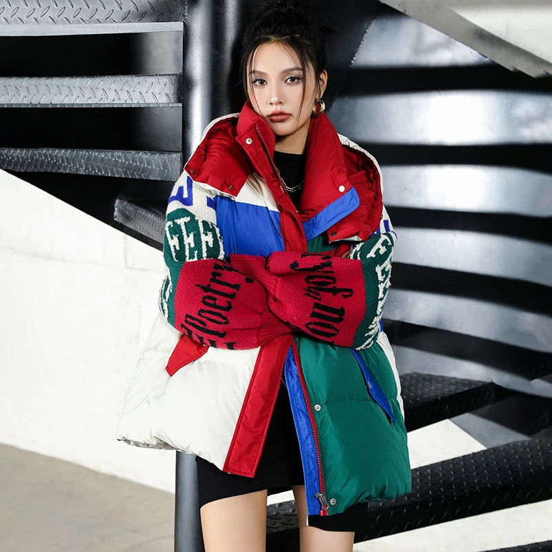 Letter Stitch Down Parka – Oversized Hooded Streetwear