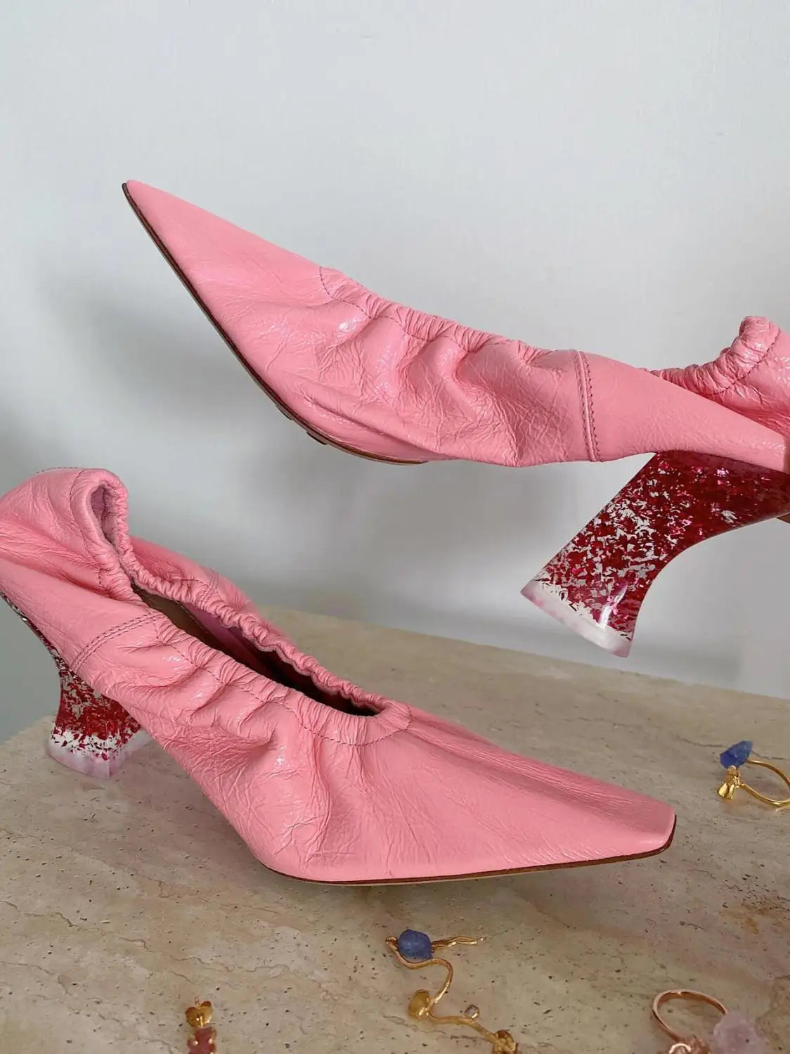 Pink Small Square Head Retro Heels for Ladies Genuine Leather Transparent Crystal High Heels Comfortable Sheepskin Women's Pumps