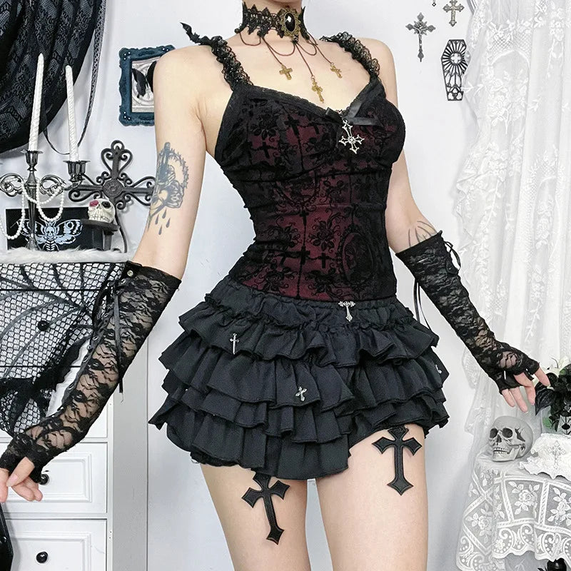 Unholy Lace Halter - Black Goth Corset Top With Cross And Red Velvet