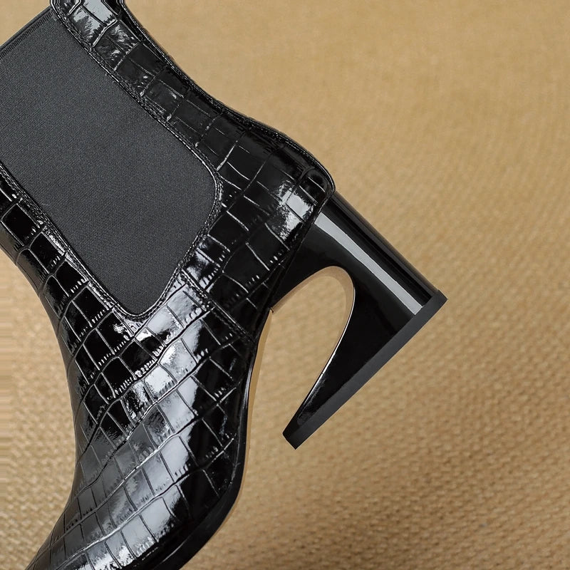 Genuine Leather Chelsea Boots – Embossed Pointed Irregular Heel