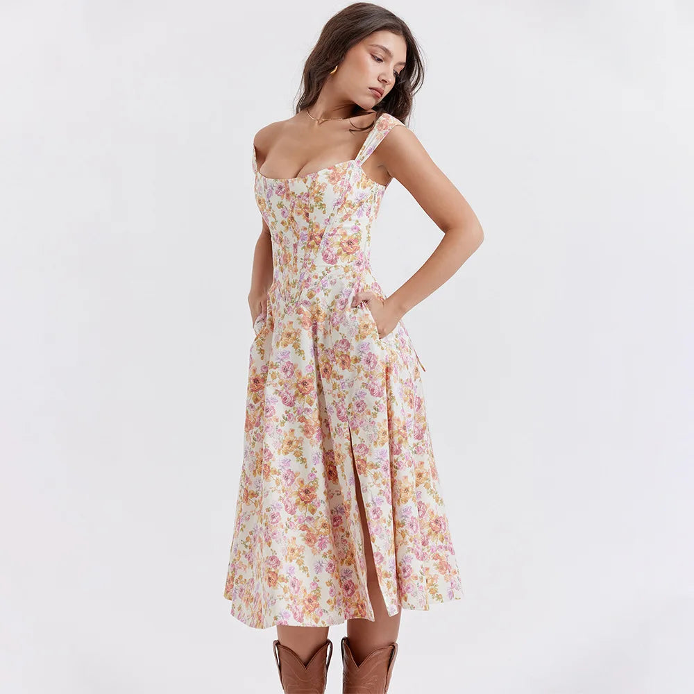 Vintage Floral Print Corset Midi Sun Dress Women's Pockets Dresses Female Bandage Sundress Red Green Blue Summer White Black New