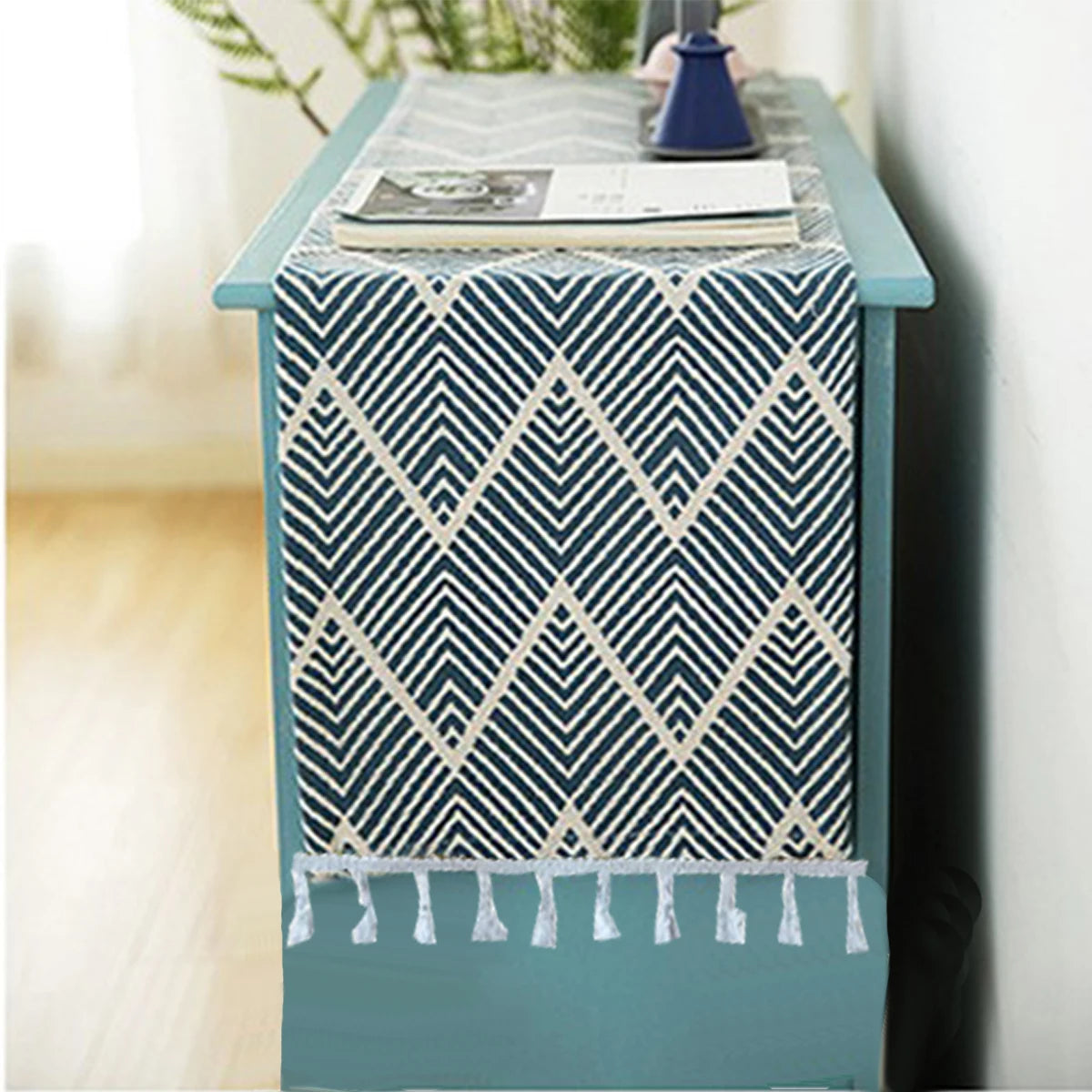 LINEN LOOK TABLE RUNNER - Geometric Weave, 4 Colors - Calm Surfaces