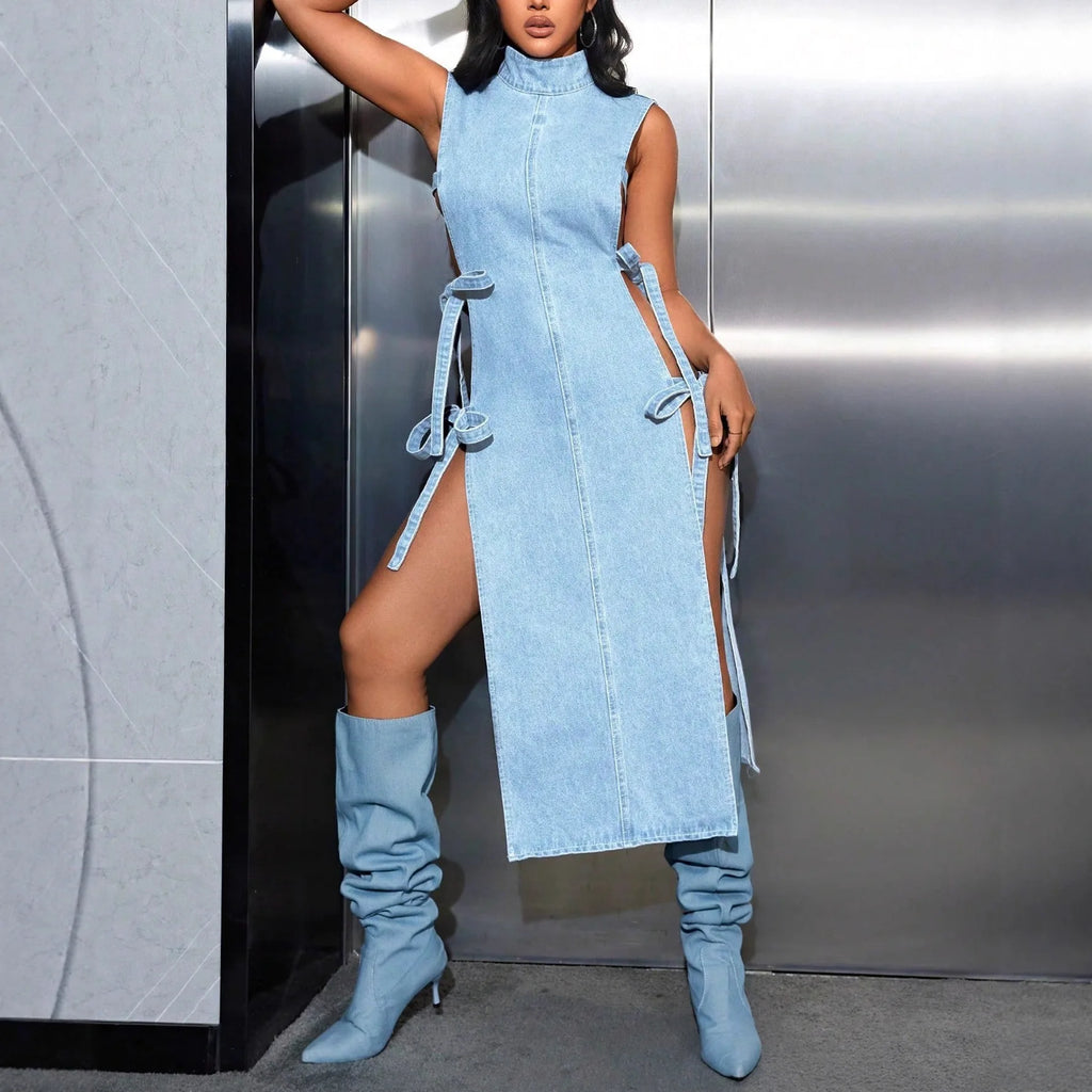 American European New Fashion Women's Light Blue Casual Trendy Turtleneck Sleeveless Mid Calf Length Lace-up Denim Dress Female