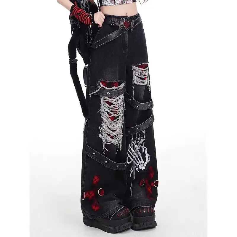 Gothic Punk Ripped Wide Leg Jeans - Spicy Girl Streetwear