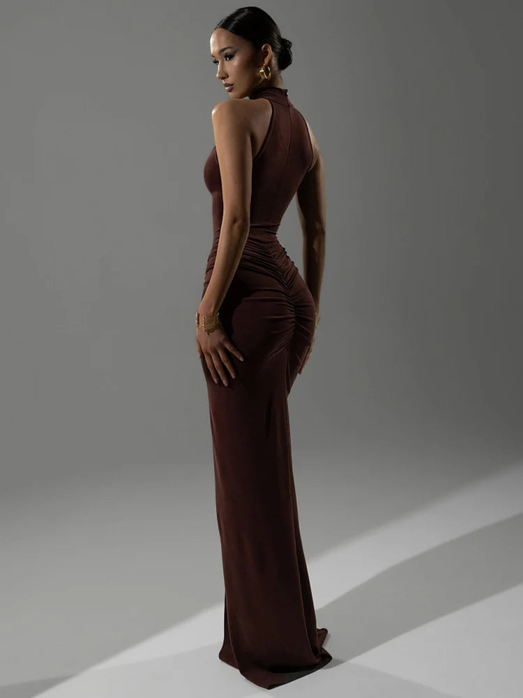 Mozision Halter Ruched Sleeveless Sexy Maxi Dress Women Gown Fashion Slim High Waist Evening Club Party Split Long Dress