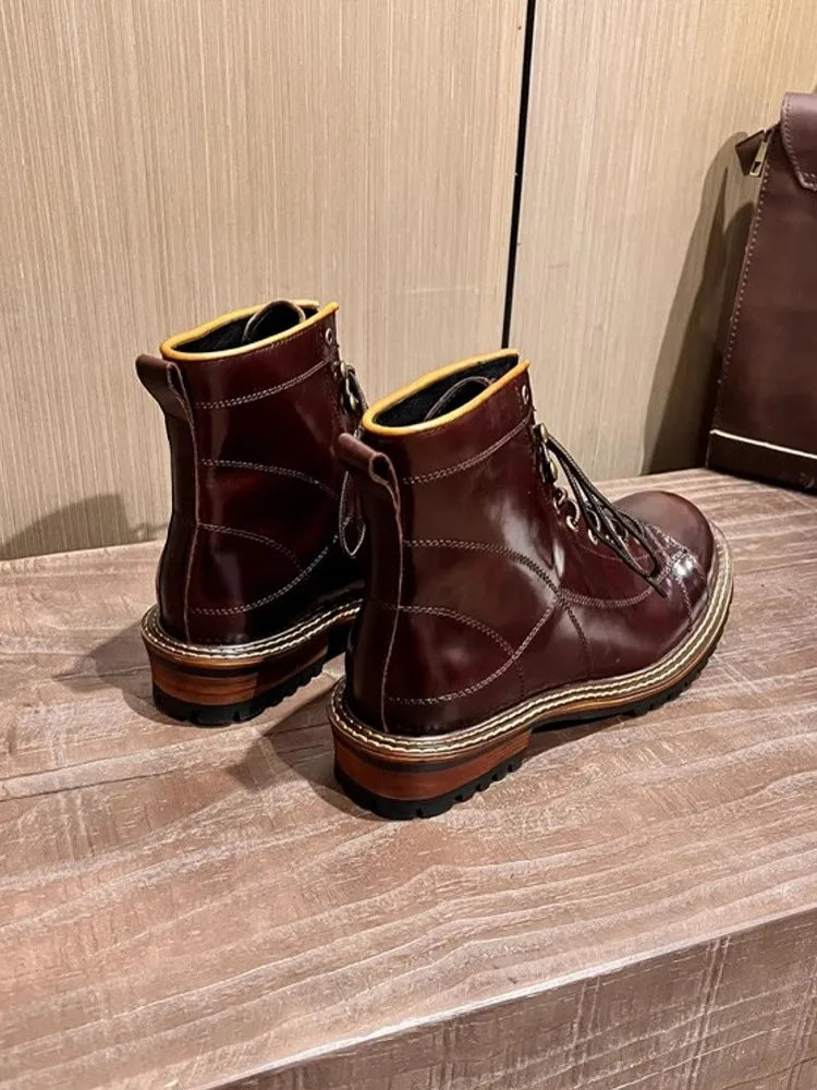 Men's Oil Wax Cowhide Leather Ankle Boots - Handmade Lace-Up Motorcycle British Style