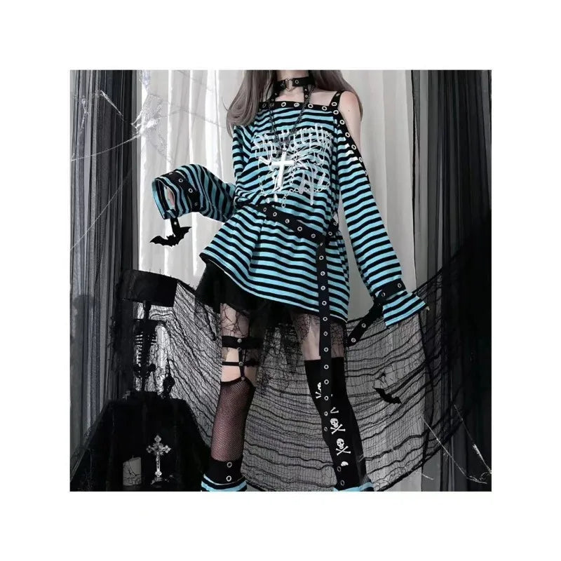 2025 New Harajuku Vintage Punk Black Blue Red Striped Tees Y2k Gothic Girls Off Shoulder Loose Butterfly Letter Long Sleeve Tops