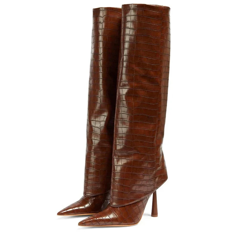 Knee-High Pointed Stiletto Boots – Stone Pattern & PU