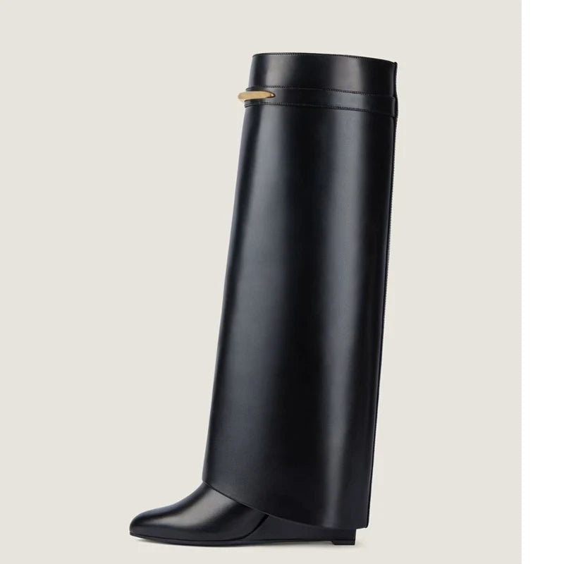 Metal Buckle Slip-On Knee-High Boots – Super High Wedge