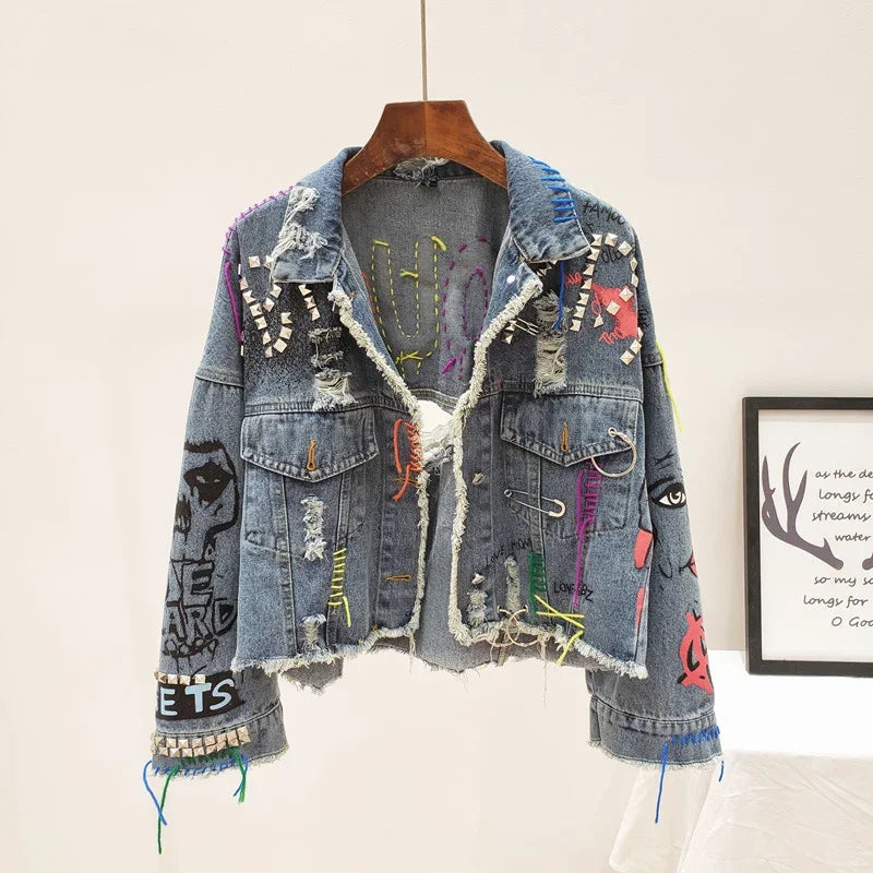 Fringe Frayed Denim Jacket - Rivet Detail