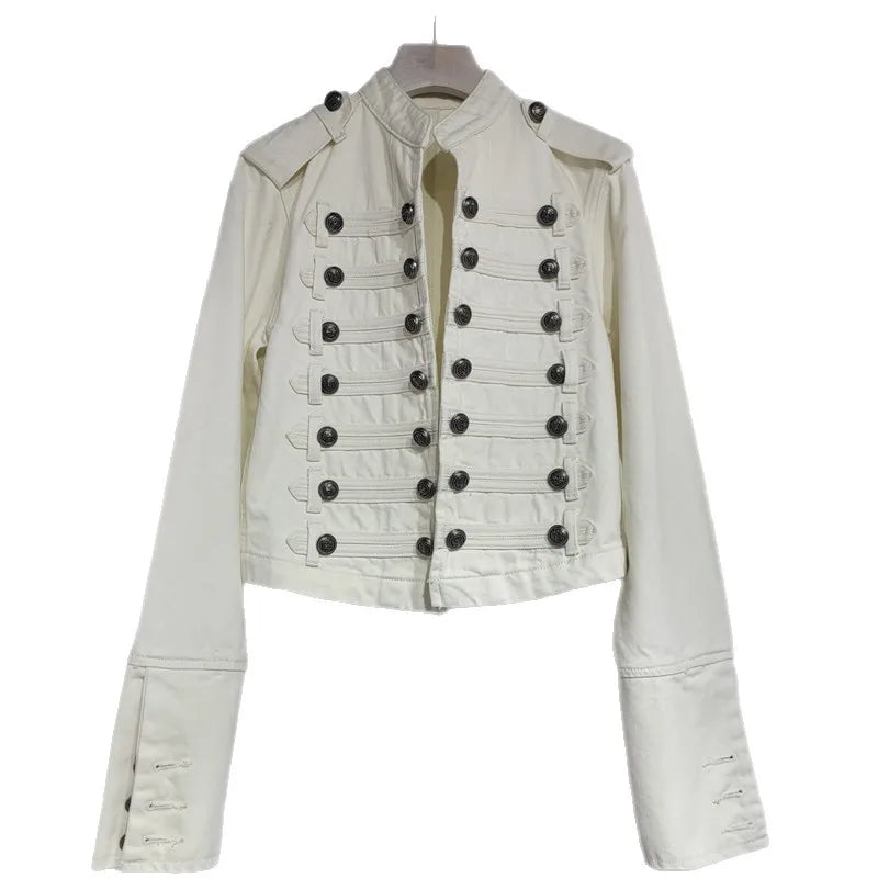 Distressed Washed Denim Coat - Stand Collar