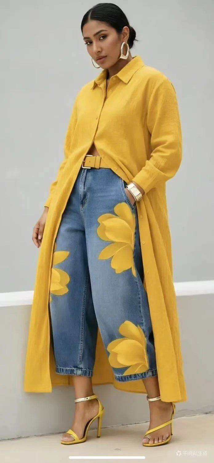 Floral Print Wide Leg Jeans - High Waist