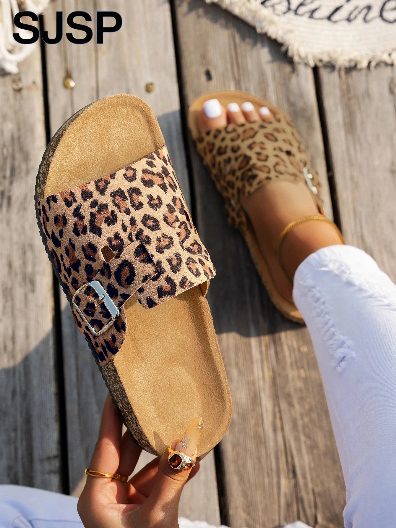 SJSP Women's Leopard Print Flat Sandals Buckle Strap
