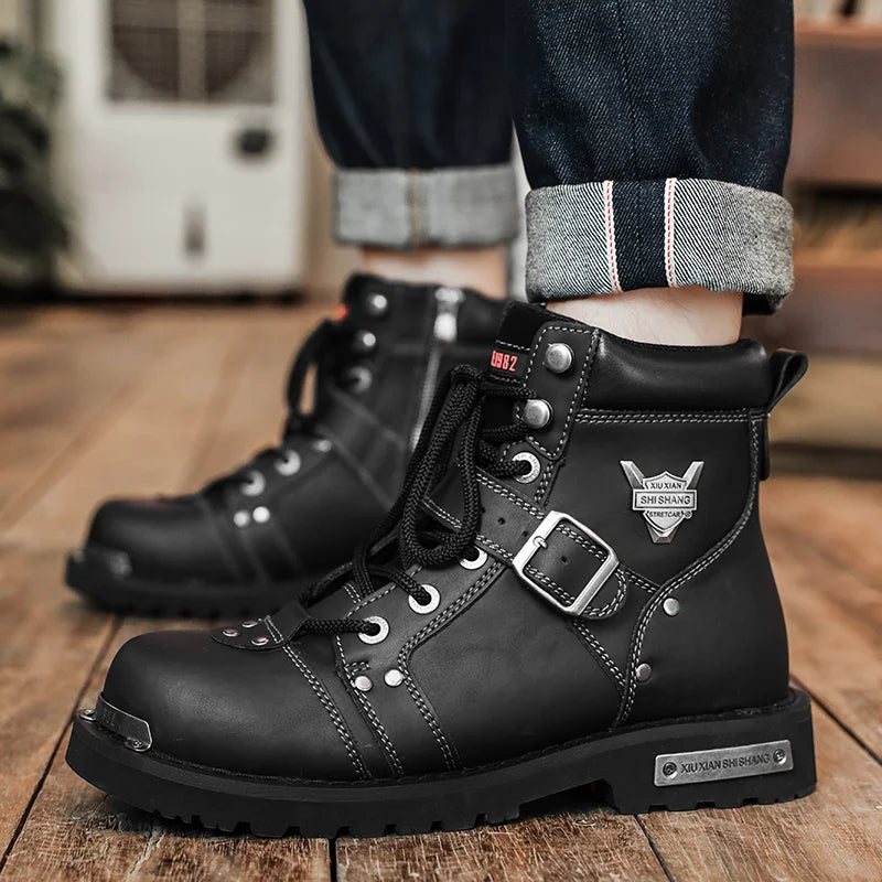 Men's Punk Rock Knight Boots Metal Rivets - Leather Motorcycle Winter EU 38-46