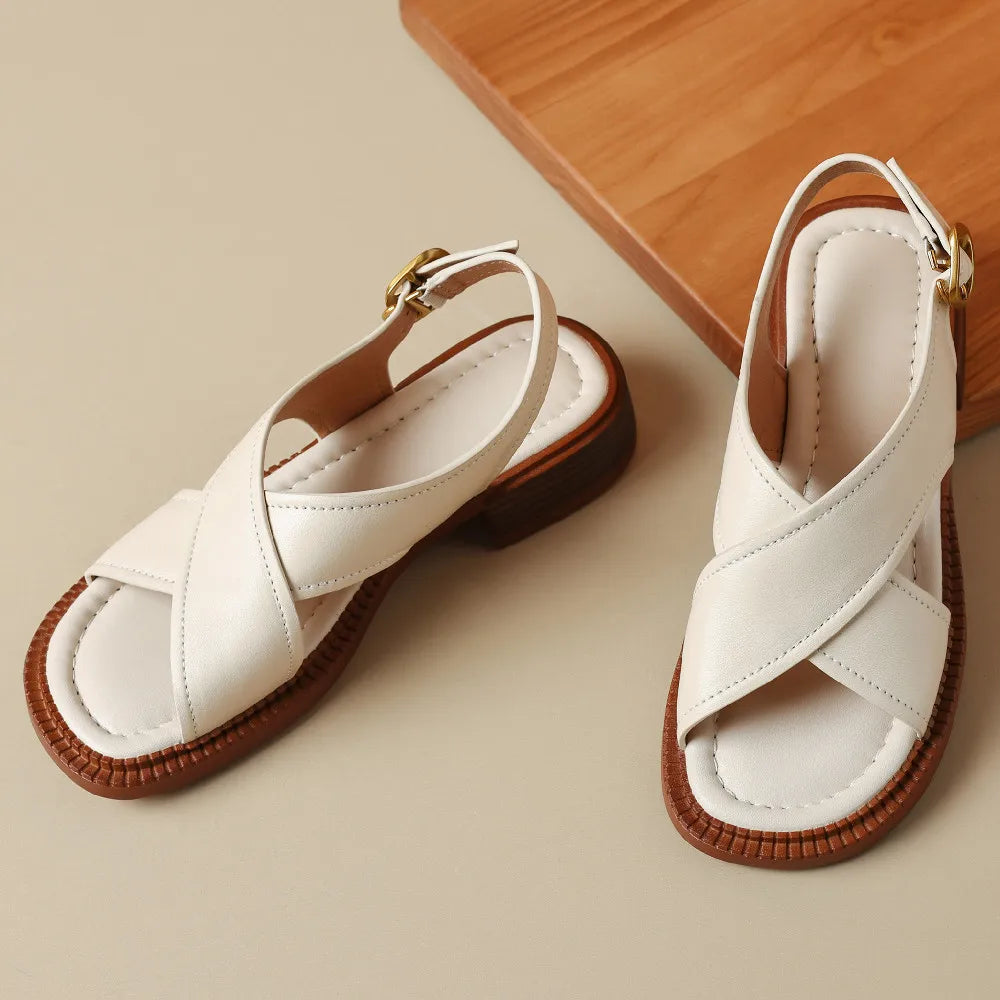 Women's flats sandals genuine leather cross strap open toe summer casual female footwear high quality soft comfortable plus size