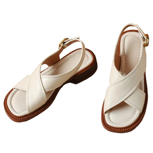 Women's flat sandals genuine leather cross strap open-toe summer casual female footwear high quality soft comfortable plus size
