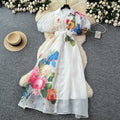 Chic vintage Sexy print mesh lace-up button Fairy Summer  Women Boho Sundress women clothing Long dress