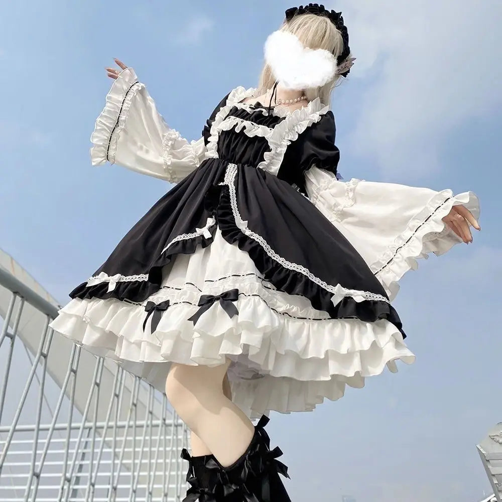 Lolita Dress OP White Night Aurora - Detachable Sleeves Korean Bow Lace Dress, Sweet Gothic Aristocrat Jumper Skirt, Kawaii Cosp