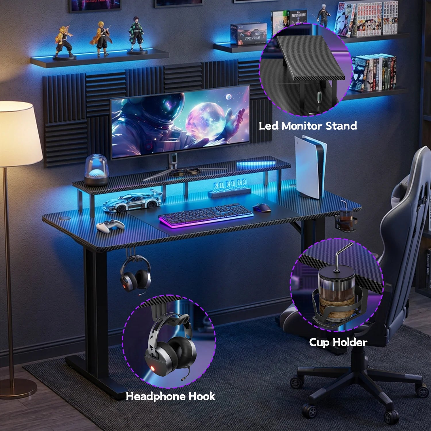 RGB Gaming Desk - LED Riser - Carbon Fiber Surface