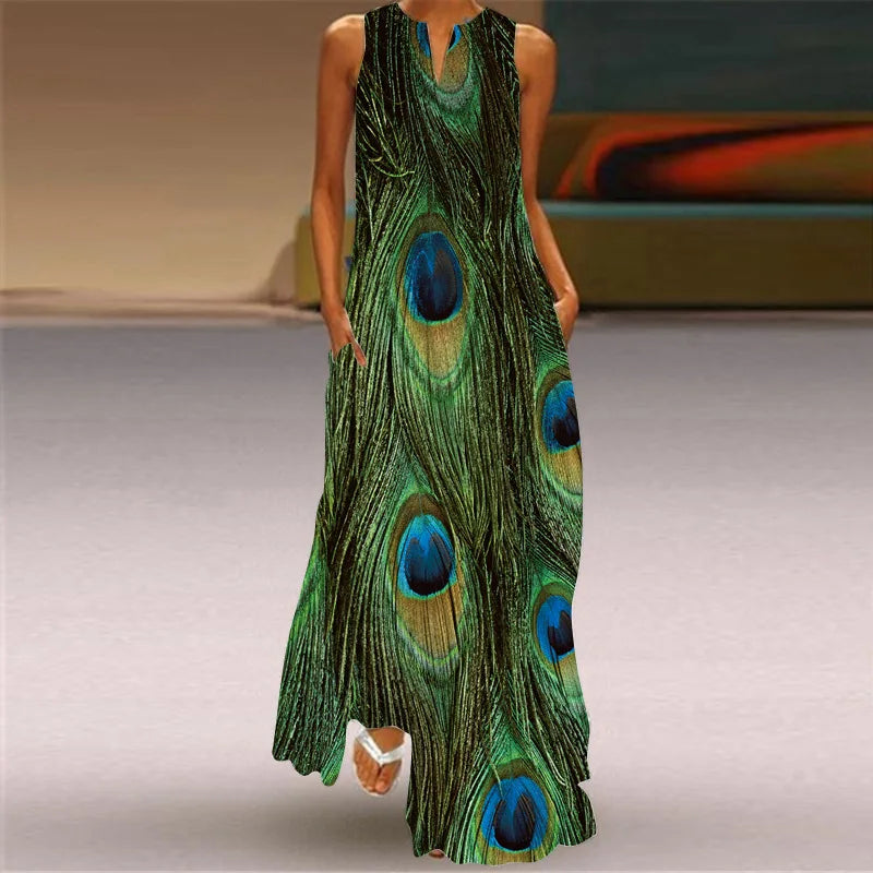 The New Sleeveless European and N Women's Dress V-neck Flower Retro Print Dress