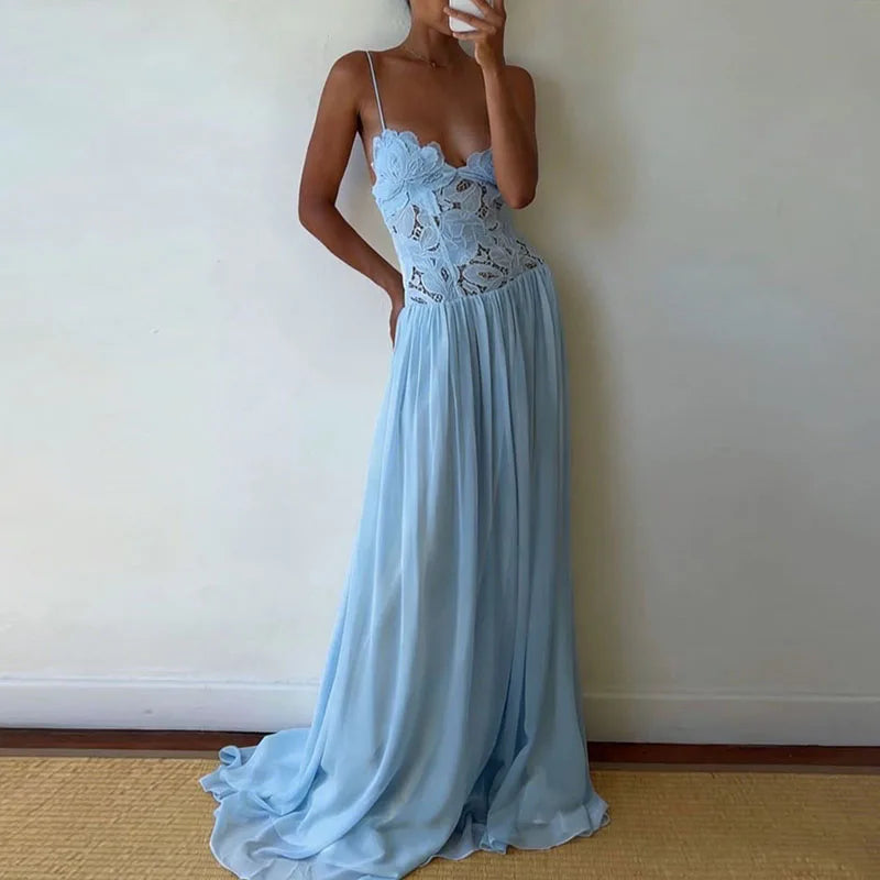 Elegant Pure Color Chiffon Dress Sexy Lace Spliced Mesh Pleated Evening Dress Fashion Hollow Out Sleeveless Halter Banquet Dress