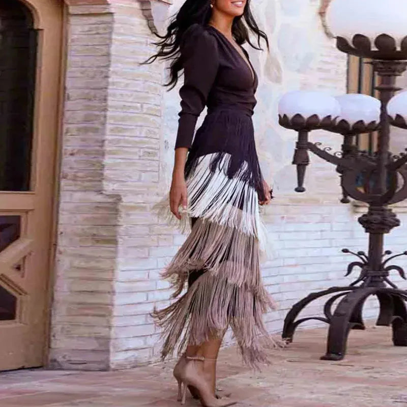 Long Sleeve Spliced Tassel Party Dresses Woman Elegant Deep V Neck Sheath Long Dress Fashion Solid Pleated Bohemian Dress