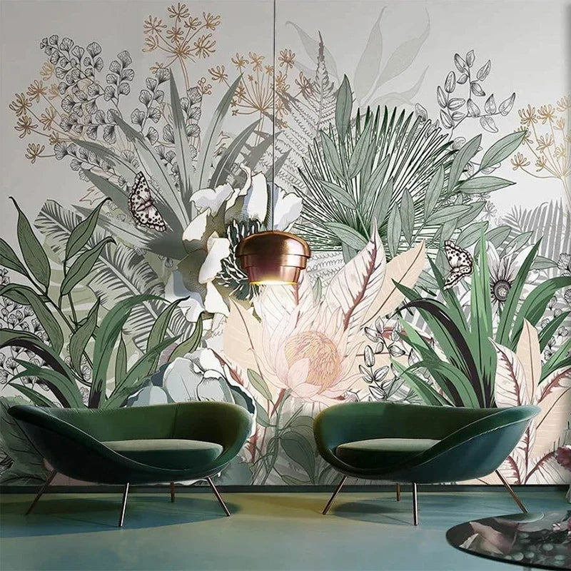 TROPICAL MURAL WALLPAPER - Custom Size - Hand-Painted Foliage