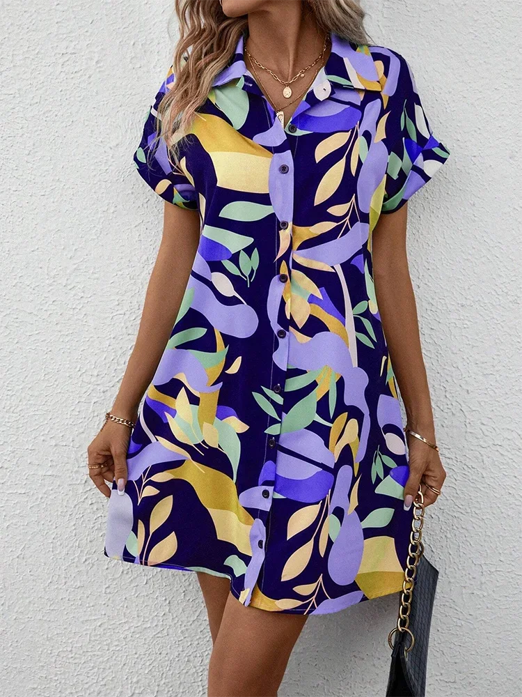 2025 New Summer Everyday Casual Women's Short Sleeve Shirt Dress  Sweet Fashion Single-breasted Dress Floral Print Elegant Dress