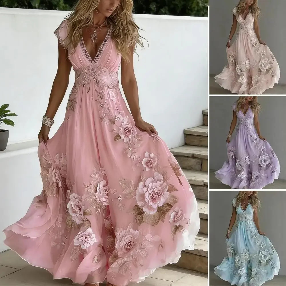 3d Pattern Women Summer Dress Floral Maxi Dress Short Sleeve V Neck A-line Swing Vestidos Floral Printed Beach Vacation Sundress