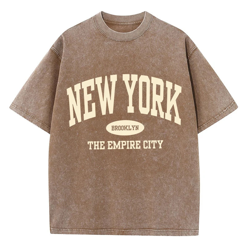 New York Brooklyn Letter Printed Washed T-Shirts Women Cotton Tops Comfortable Distressed O-Neck T-Shirts Summer Women's Clothes