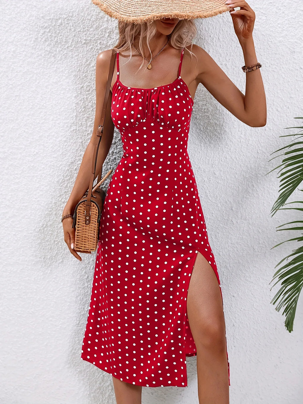 2024 Women's Floral Print Spaghetti Strap Summer Boho Beach Dress Print Elegant Suspenders Square Neck Slit Dress Vestidos