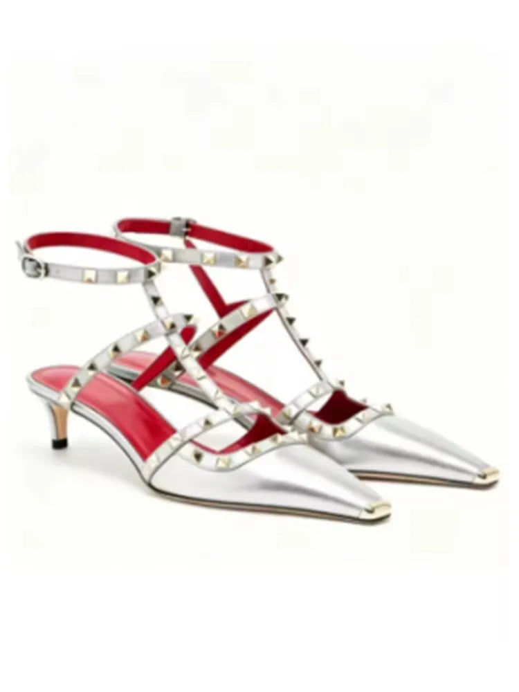 Studded High Heel Sandals – T-Strap Pointed Toe Stiletto Party Heels