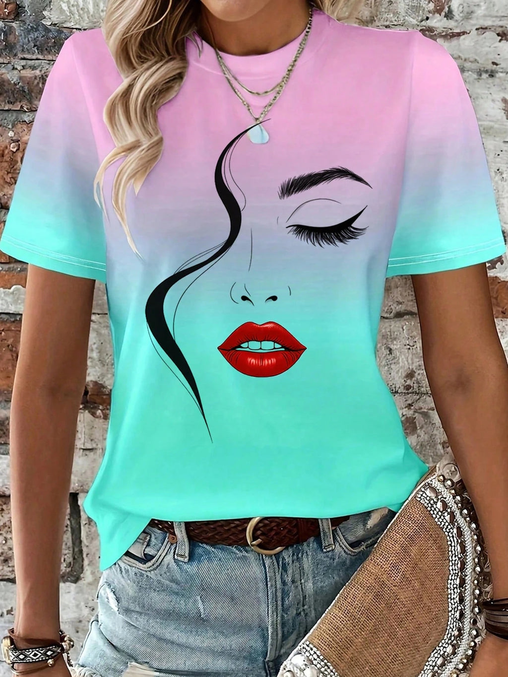 Abstract Face Gradient Color 3D Print T-Shirts Women's Casual Short Sleeve T Shirt O-Neck Tees Harajuku Y2K Tops Female Clothing