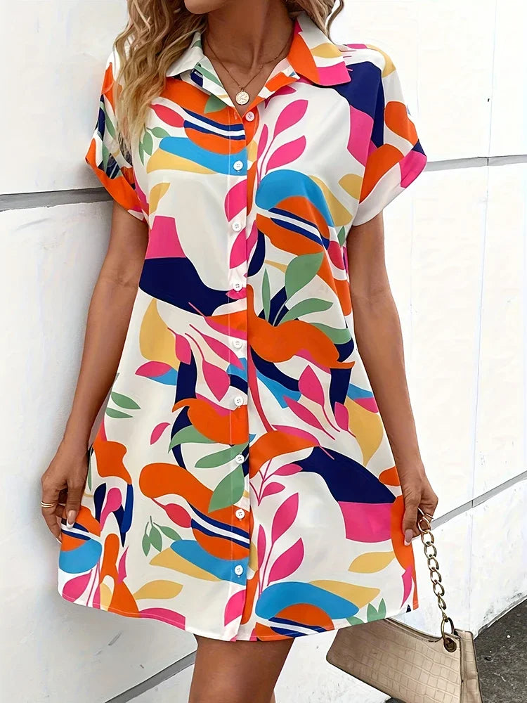 2025 New Summer Everyday Casual Women's Short Sleeve Shirt Dress  Sweet Fashion Single-breasted Dress Floral Print Elegant Dress