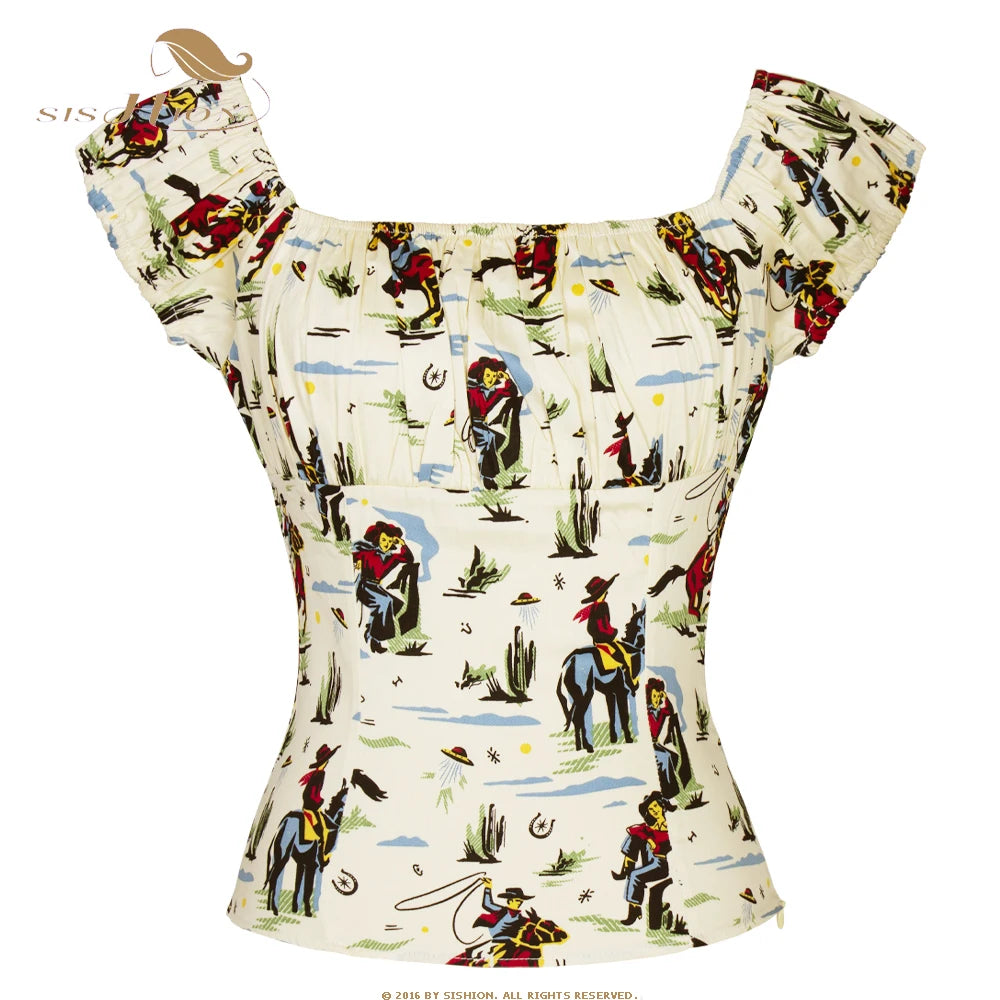 SISHION 2026 Cotton Printed Women 50s 60s Vintage T-Shirts WS0004 Rockabilly Slash Neck Camisetas Casual Y2K Tops Summer Blouses