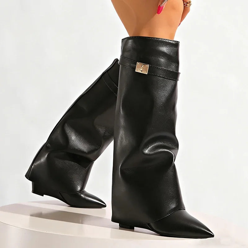 Metal Decor Wedge Knee-High Boots – Street Punk