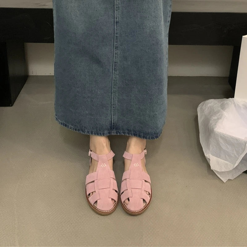 DIMANYU Women's Roman Sandals 2023 Summer New Flat Retro Real Leather Ladies Sandals Hollowed Women's Cage Shoes