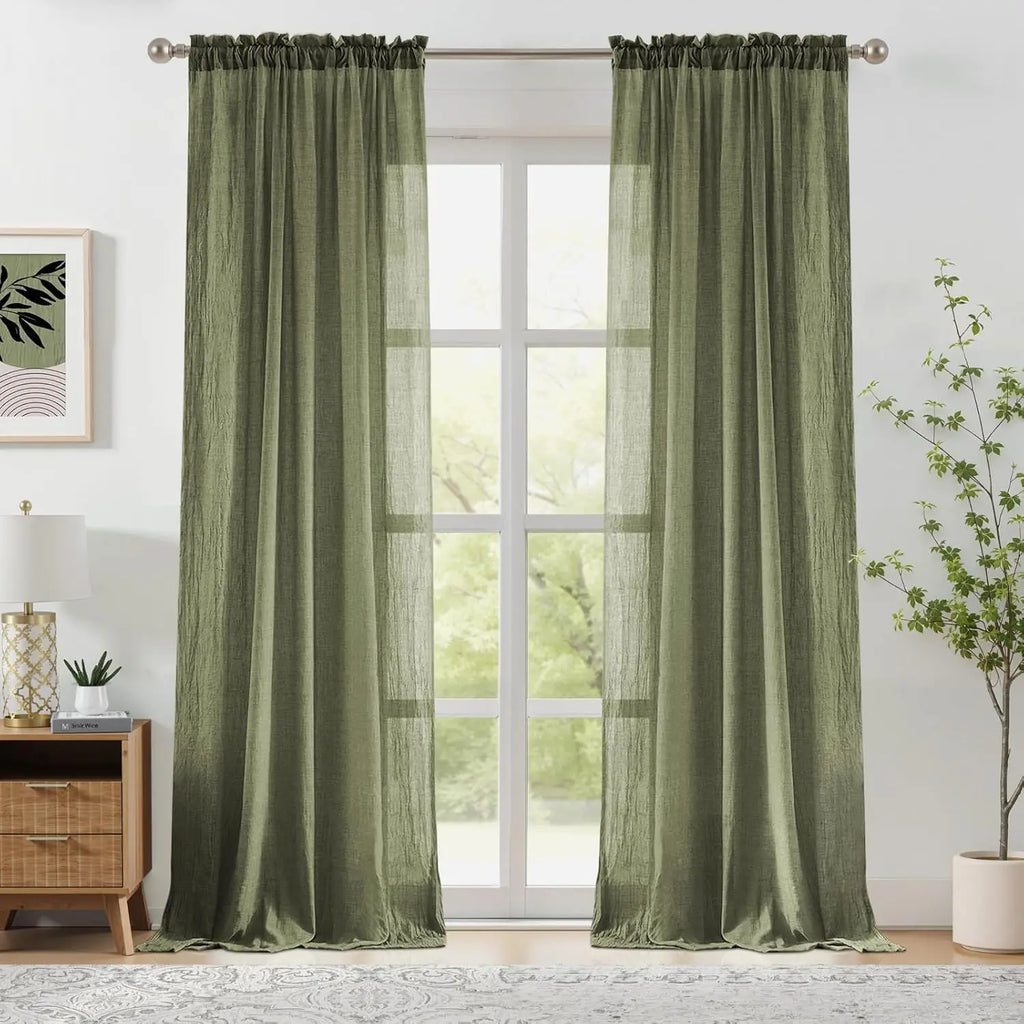 SAGE GREEN SHEER CURTAINS - Crinkled Voile Panel - Soft Light, Natural Calm